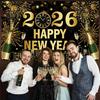 Large New Years Eve 2026 Banner, Black and Gold 2026 Happy New Year Banner, NYE Festive Party Decoration for Friends, Indoor, Outdoor, Wall Decor,