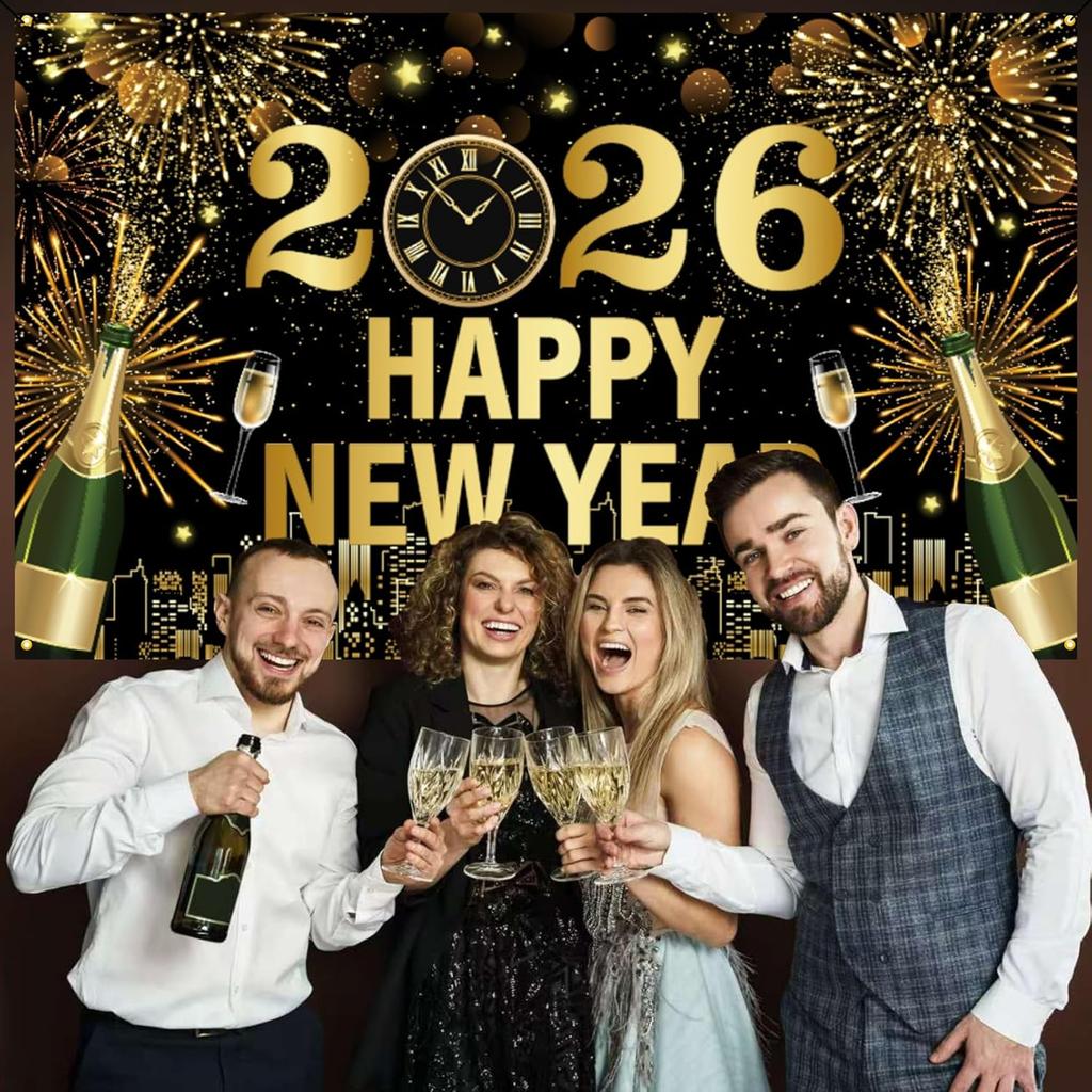 Large New Years Eve 2026 Banner, Black and Gold 2026 Happy New Year Banner, NYE Festive Party Decoration for Friends, Indoor, Outdoor, Wall Decor,