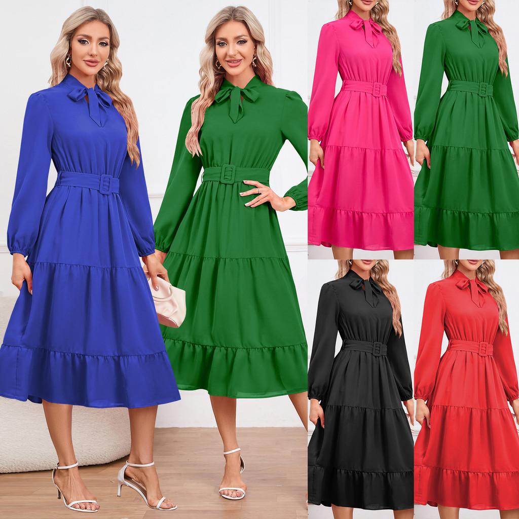 

Женское модное повседневное элегантное офисное вечернее бандажное платье с длинными рукавами и бантом миди длинное платье