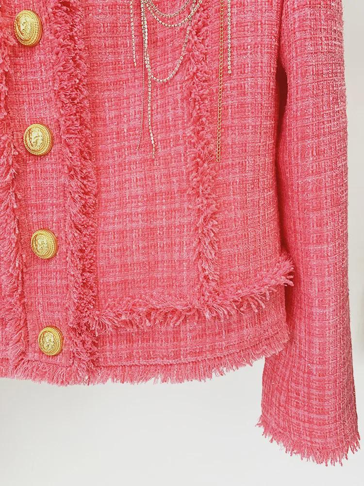 2025 Autumn/Winter European & American Fashion Pink Tweed Wool Jacket with Beaded Badge