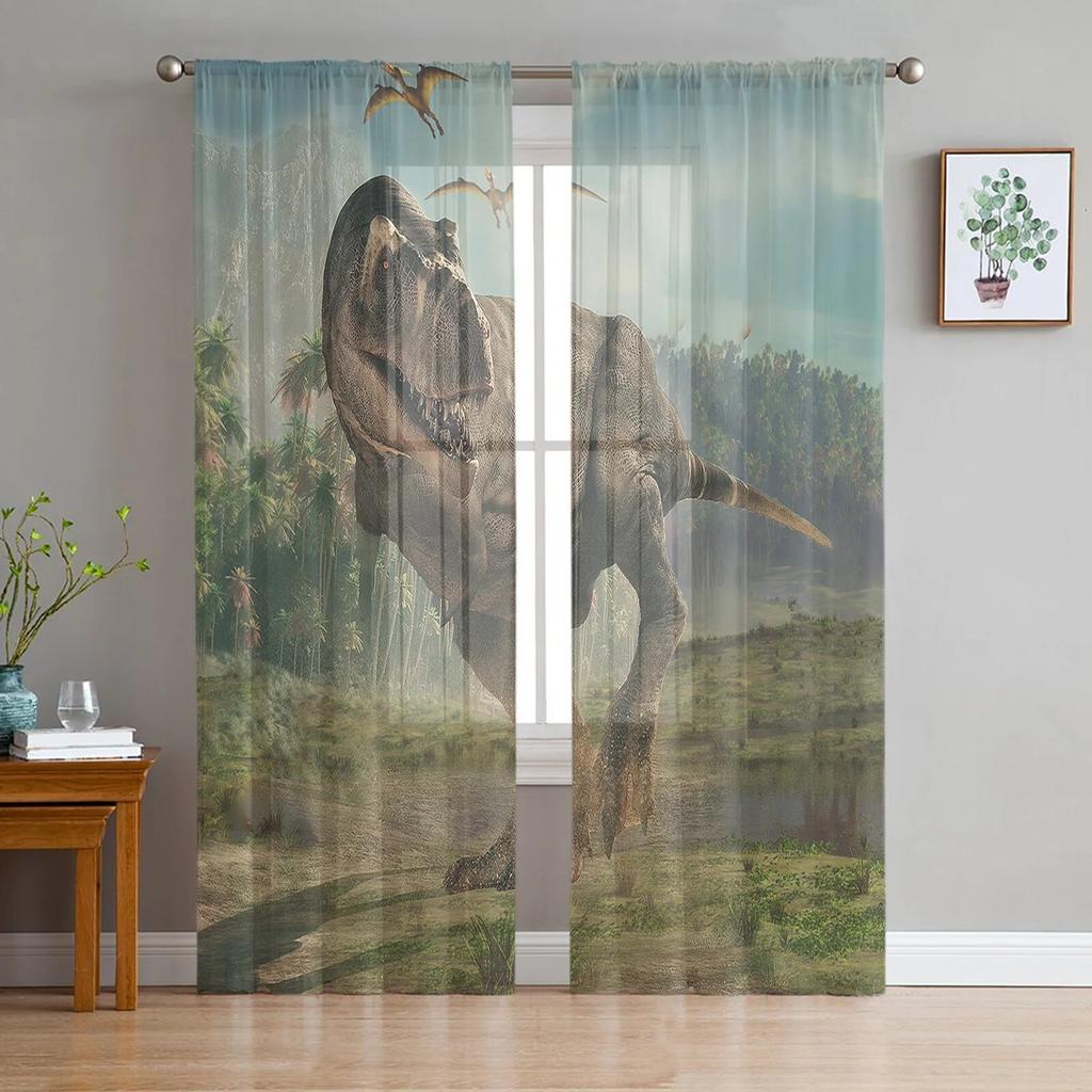 Jurassic 3D Dinosaur Virgin Forest Sheer Curtains for Living Room Bedroom Tulle Window Drapes for Kitchen Decoration