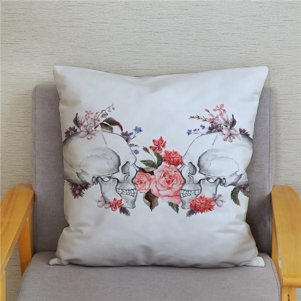 Skeleton Head Flower Print Pattern Cushion Cover for Home Living Room Sofa Decoration Square Pillowcase 45 * 45cm