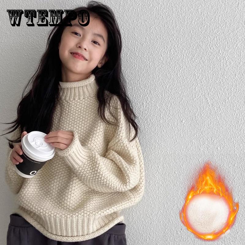 

Свитера для девочек, зимние детские свитера с полувысоким воротом, вязаные свитера с толстым бархатом, стильные топы для детей среднего и большого размера 100