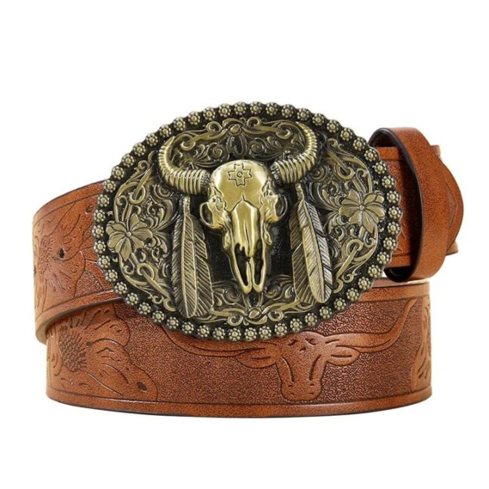 Floral Engraved Western Cowboy Waistband PU Leather Longhorn Bull Belt  Waist Accessories