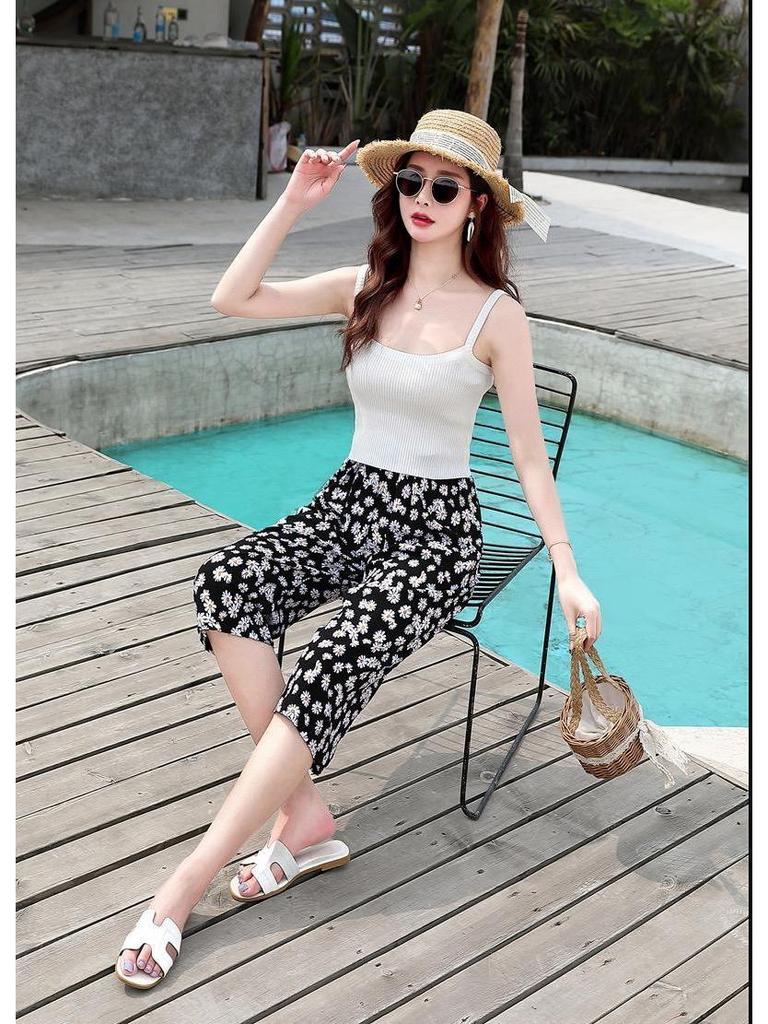 Summer Cotton Silk Polka Dot Slimming Over-the-Knee Pants