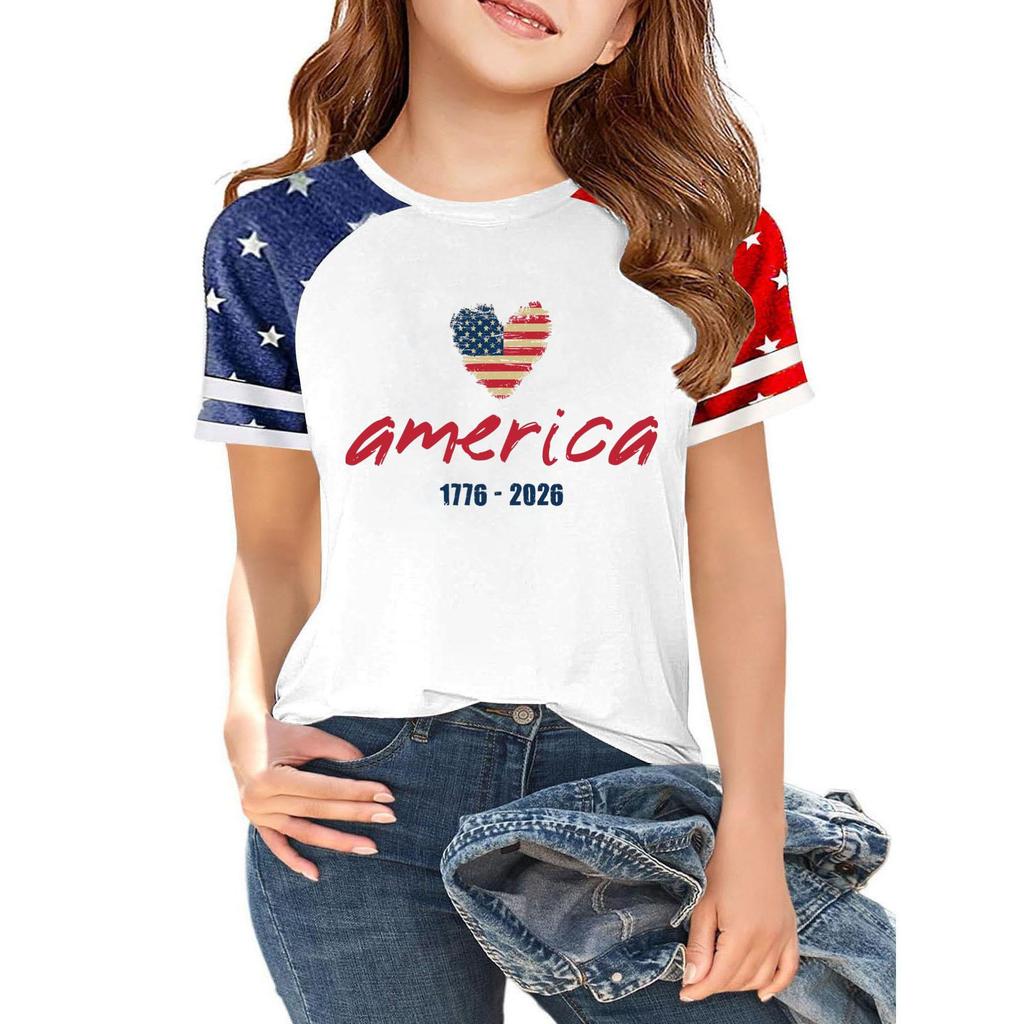 Kids Independence Day T-Shirt USA Print Short Sleeve Casual Crew Neck Top Patriotic Graphic Tee for Boys Girls Summer Wear