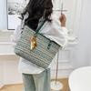2026 New Arrival PU Leather Women's Tote Bag Retro Geometric Print Large Capacity Shoulder Bag Trendy Beaded Pendant Handbag