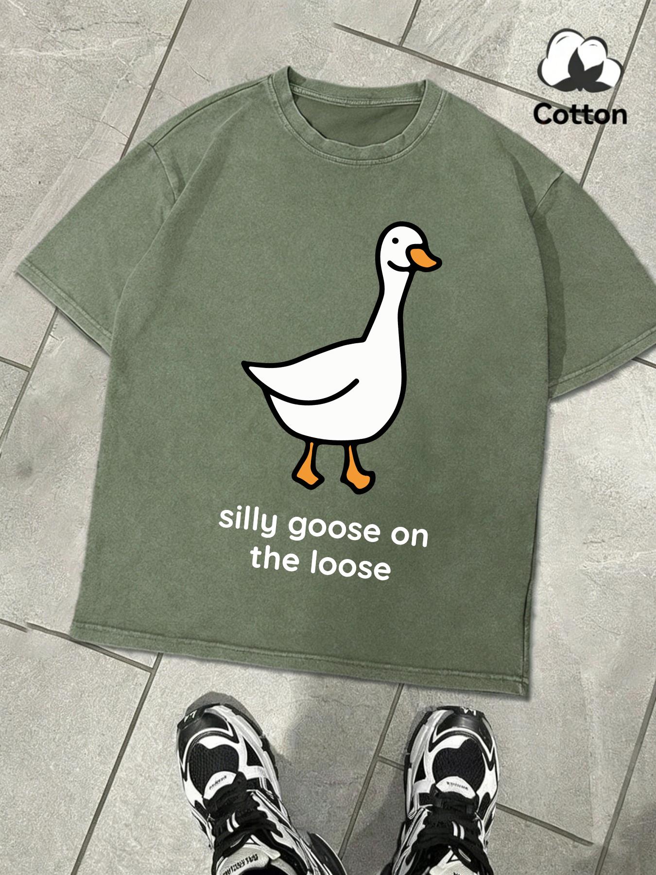 

Sillu Goose On The Loose Print Snow Wash Man TShirt Summer Cotton Retro Tee Fashion Short Sleeve Unisex Loose ONeck Top S