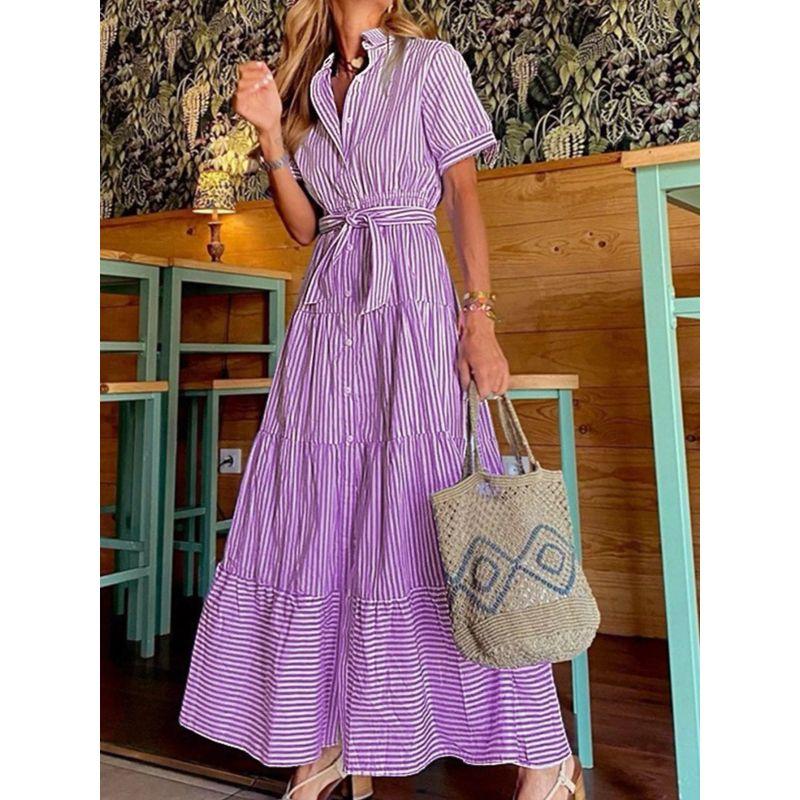 Fd492 in Stock 2025 Cross-Border New Amazon Fashion Stripe Short sleeve Loose Mid-Length Dress