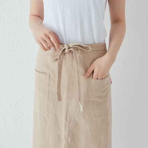 JOYAIYI Linen Cafe-Style Apron with Two Pockets, Natural Linen, Simple, Unisex (Khaki)