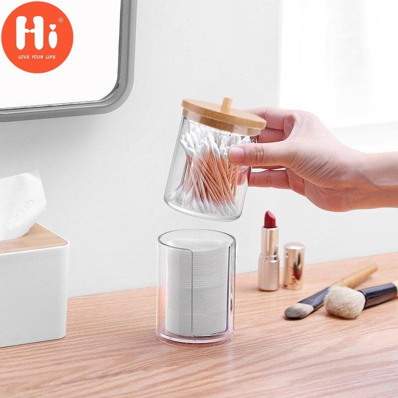 Hi Makeup Cotton Pad Organizer Storage Box for Cotton Swab Rod Cosmetic Organizer Jewelry Bathroom  Storage Container with Wood Lid
