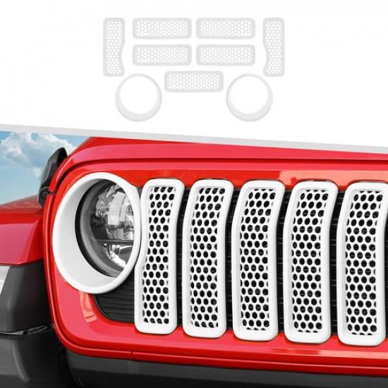 For Jeep Wrangler JL 24+ 9Pc Front Mesh Grille Grill Ert Headlight Trim Cover