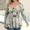 Women's Plus Size Shirt Long Sleeve  Print Top Pleated Casual V-Neck Top