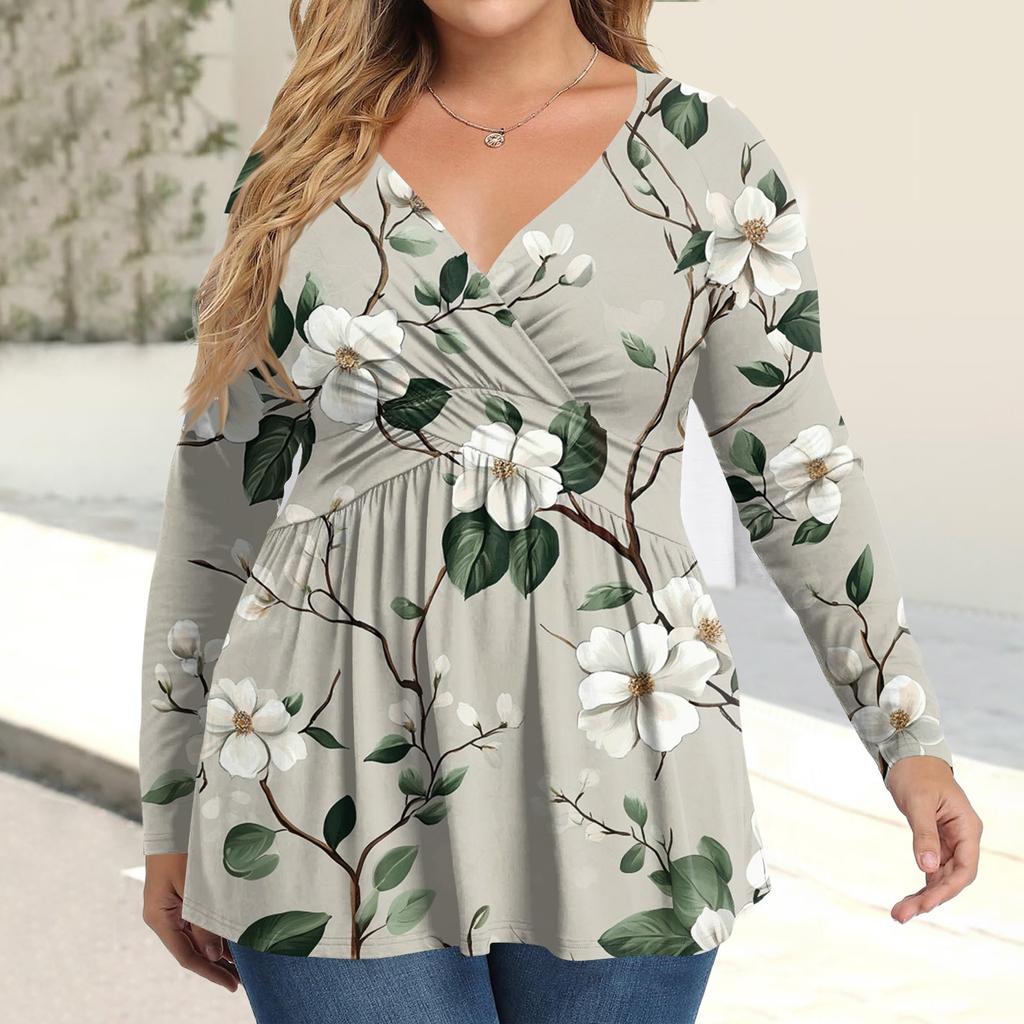 Women's Plus Size Shirt Long Sleeve  Print Top Pleated Casual V-Neck Top