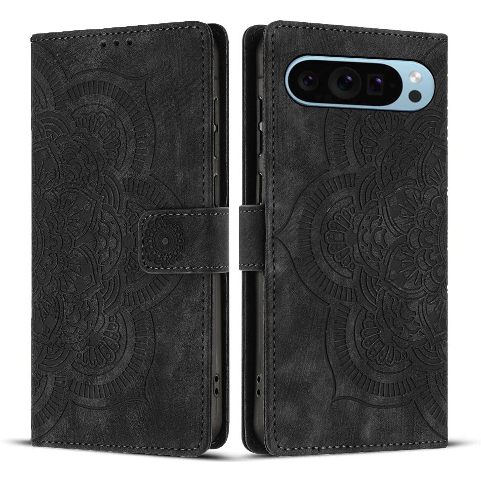 

Кожаный чехол для Google Pixel 9 Pro WANLONFENG Серия HDM Оттиск Мандалы Кошелек-подставка Чехол для телефона Black