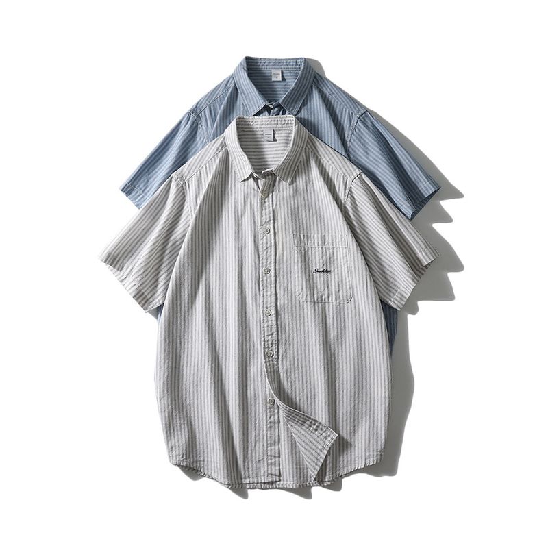 American Retro Style Pure Cotton Striped Short-Sleeve Shirt for Men, Summer Embroidered Jacket, Export Men's Clothing, All-Cotton Shirt