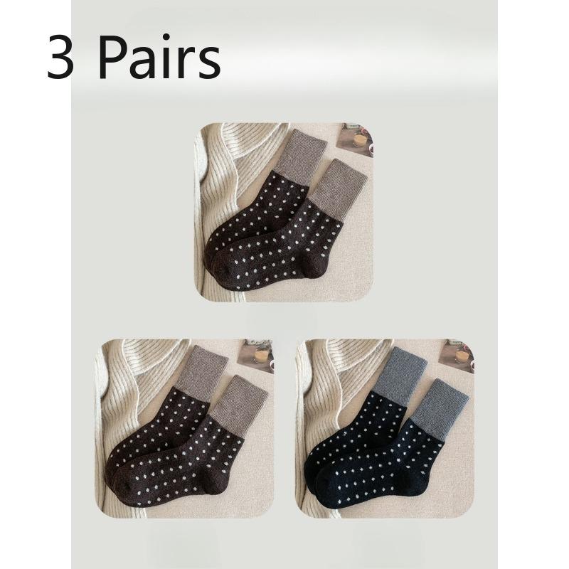 3 Pairs of  Female Autumn and Winter Thickened Warm Retro Splicing Color Polka Dot Wool Tube Socks