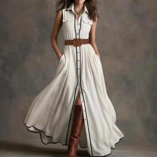 2026 Retro Style Sleeveless Ruffled White Cotton-Linen Blend Long Dress