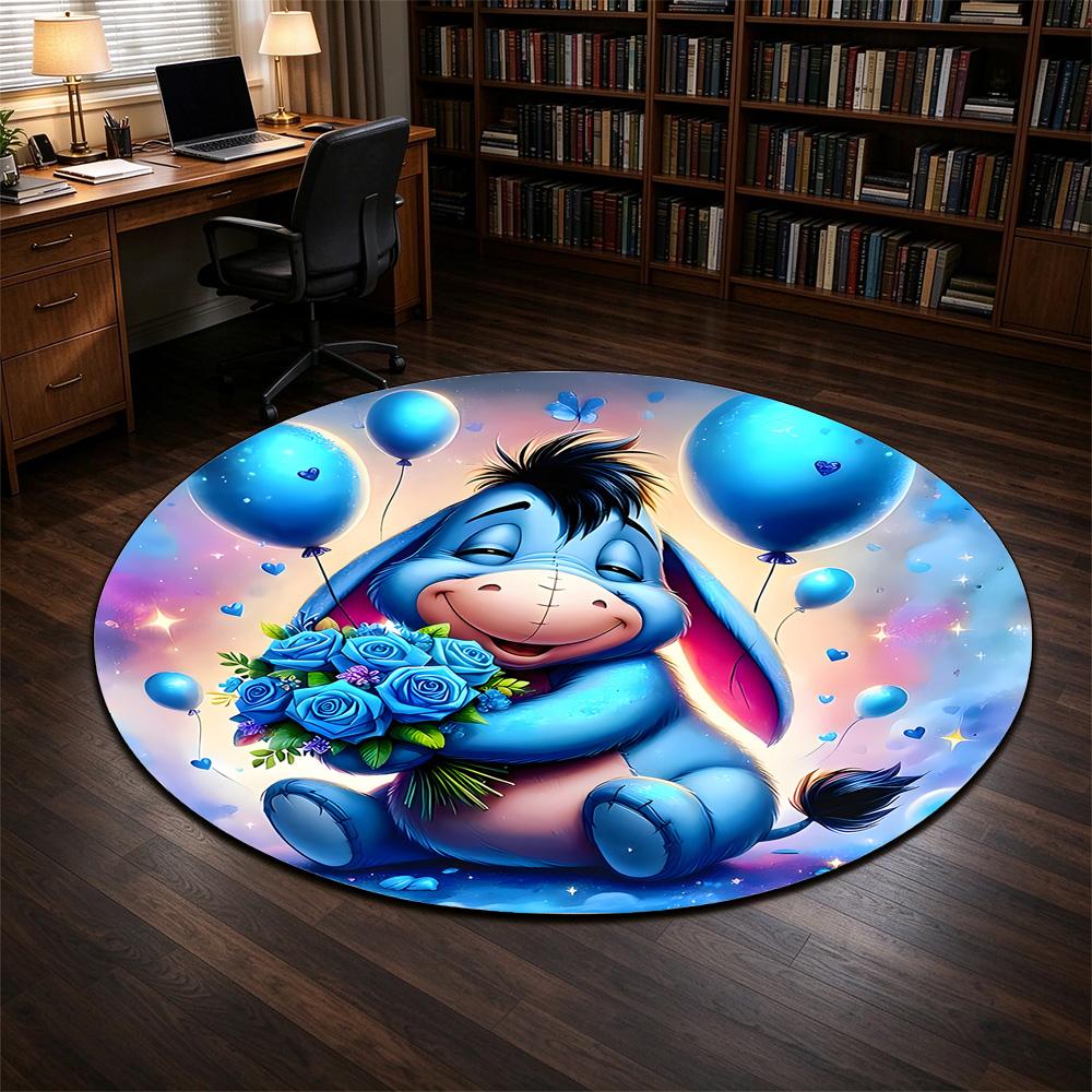 Round Rug Eeyore Blue Donkey Blue Roses Bouquet Balloons Hearts Pastel Movie Fan Bedroom Decor