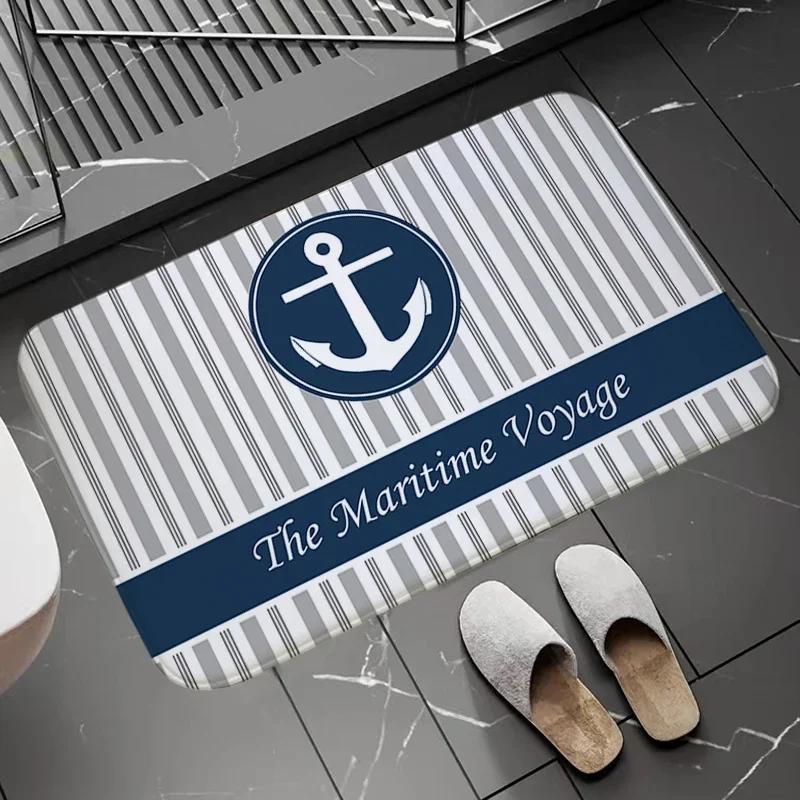 Chic Nautical Anchor Boat Navy Blue Stripes Doormat Bathroom AntiSlip Floor Mat Long Corridor Carpet Custom Rug For Kitchen Bath