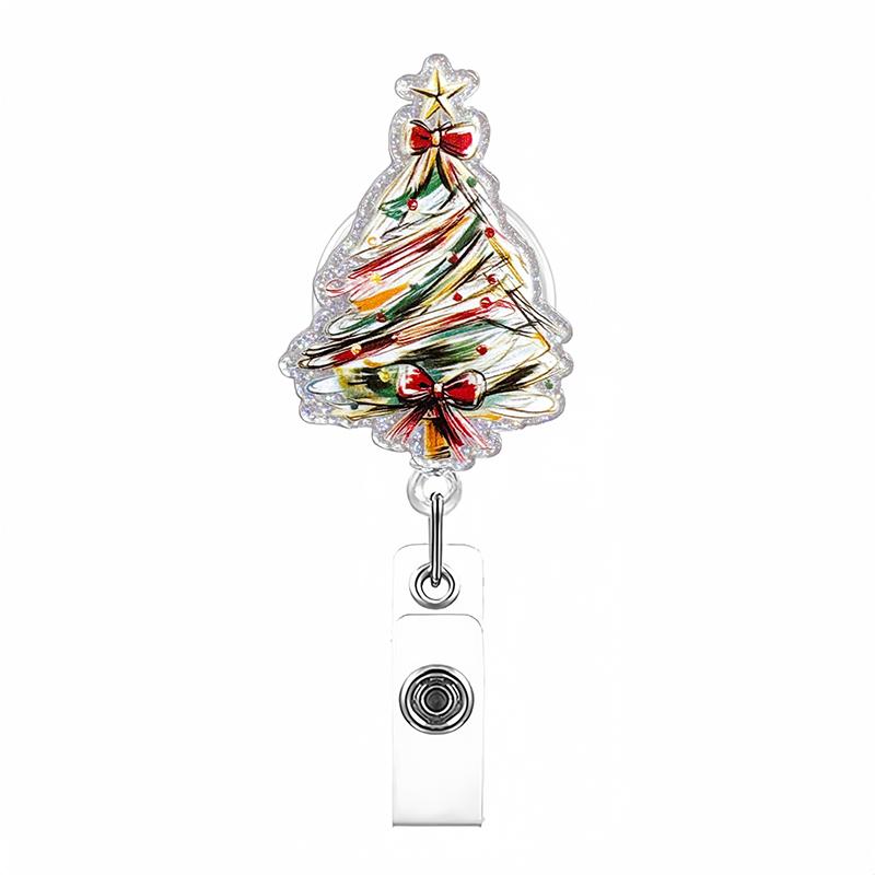 Glitter Acrylic Christmas Tree Badge Clip Retractable Keychain With Card Holder For Party Gift