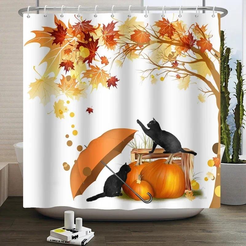 Autumn Shower Curtain, Autumn Maple Leaf Pumpkin Bathroom Decoration, Polyester Fabric Shower Curtain Hook, Room Decoration