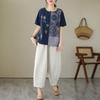 DIMANAF 2024 Verão Plus Size Mulheres Camisetas Estampa Floral Elegante Manga Patchwork Tops Tees Solto Casual Camisa de Linho 91688