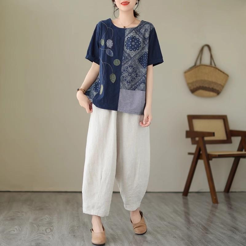 DIMANAF 2024 Verão Plus Size Mulheres Camisetas Estampa Floral Elegante Manga Patchwork Tops Tees Solto Casual Camisa de Linho 91688