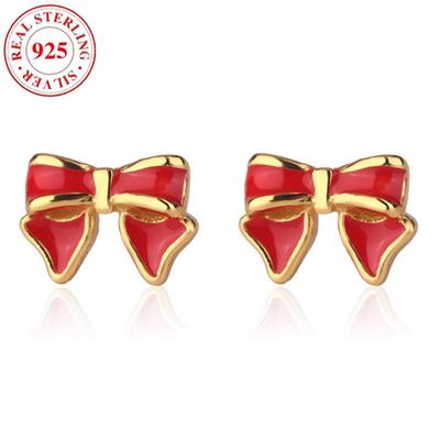 S925 Sterling Silver Christmas Red Bow Stud Earrings for Women