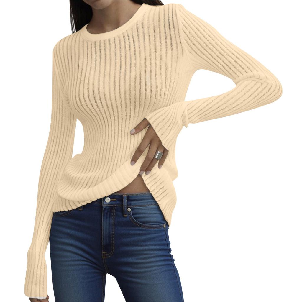 Damen Casual Mode Langarm Rundhals Atmungsaktives Pullover-Top