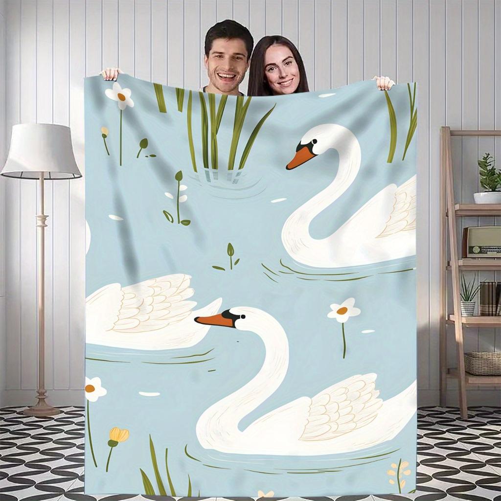 1pc Flannel Blanket - Soft All-Season Lightweight Throw with Elegant Swan Lake Design In White, Green, Blue - Perfect for Home,