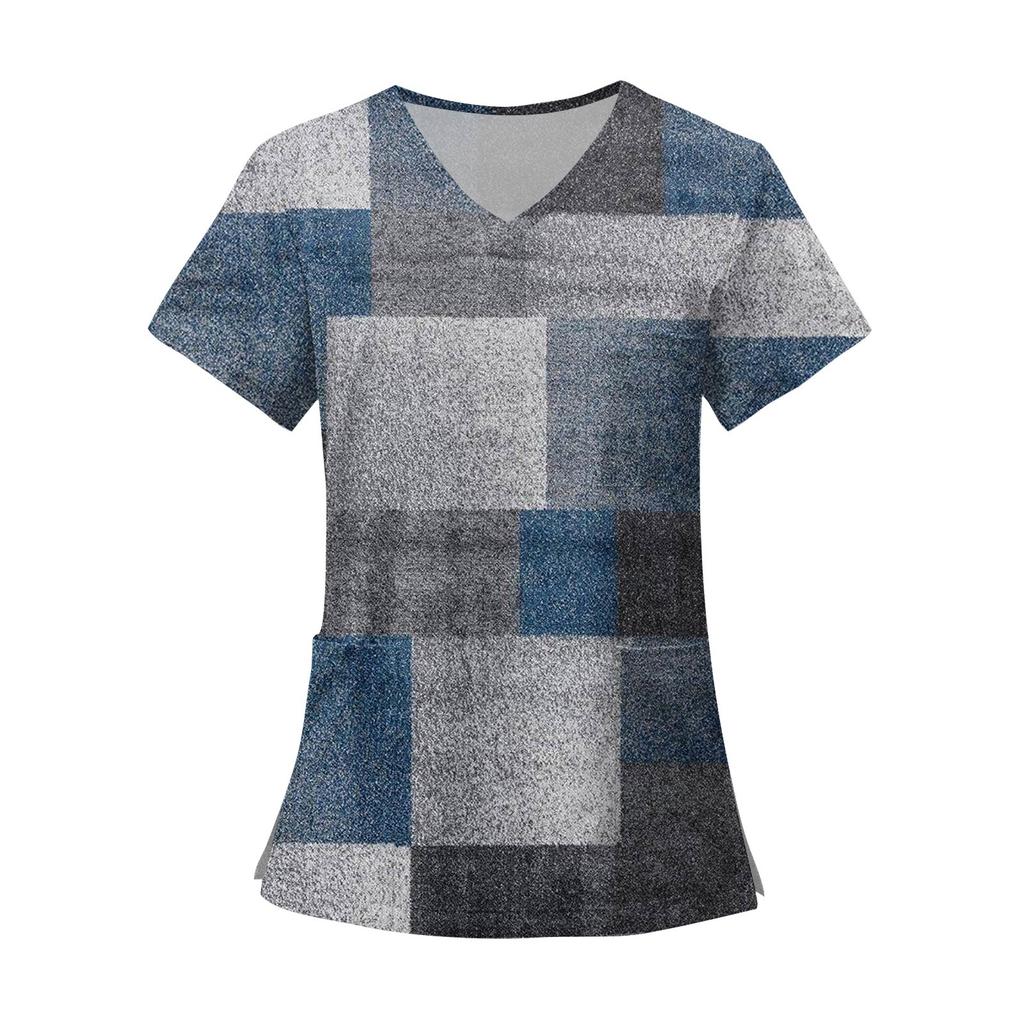Women's Fashion Printed Short Sleeve V Neck Pattern Tops Pocket Working T-shirts