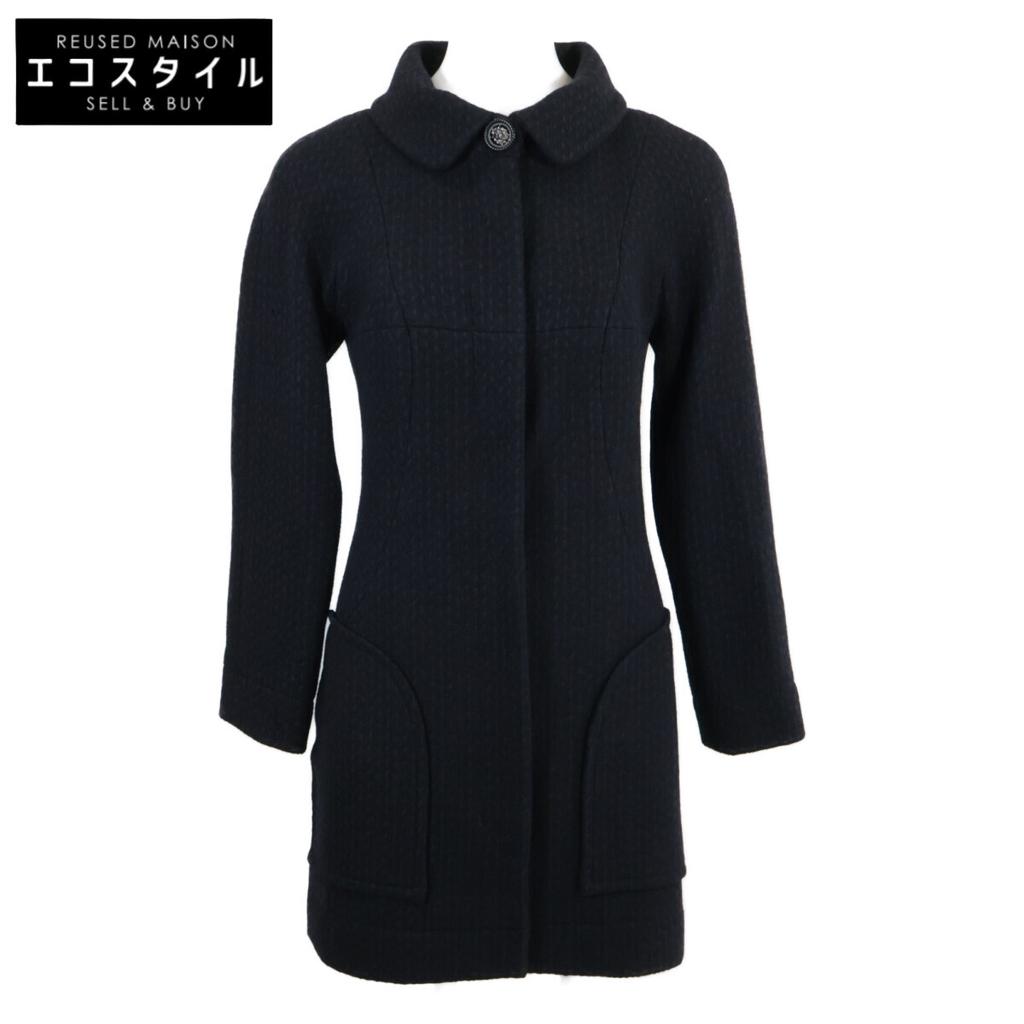 CHANEL Domestic genuine P49855V32761 Lion Button Angora Blend Wool Silk coat 34 Black x navyUsed