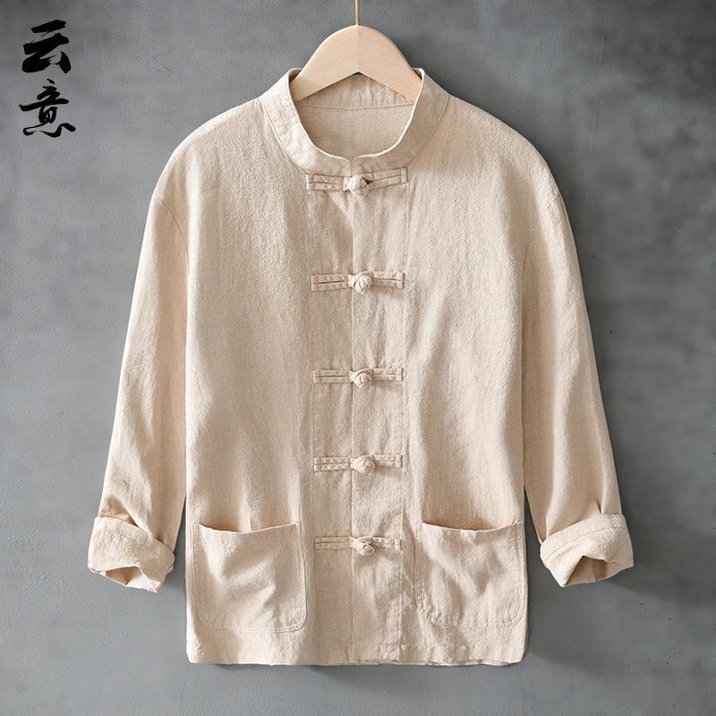 Mens Chinese Style Linen Long Sleeve Casual Shirt Outerwear