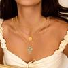 Cross Set Turquoise Pendant Round Card Women's Bohemian Style Golden Jewelry Gift Elegant Party Multi Layered Necklace