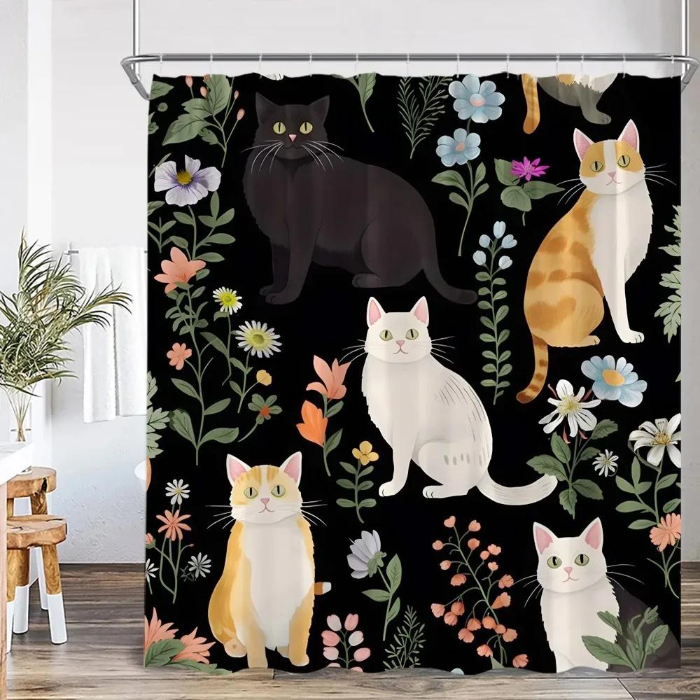 Funny Cat Shower Curtain Cat Riding Shark Dinosaur Flower Floral Polyester Bathtub Curtain Space Planet Bathroom Decor With Hook