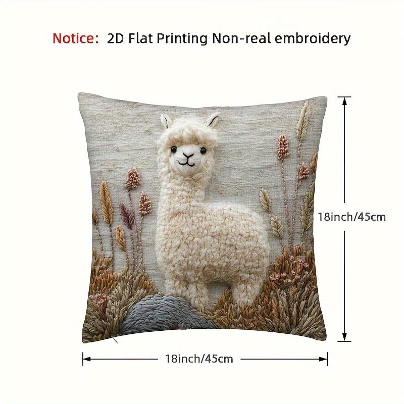 2D Flat Printing Vintage Alpaca Embroidery Throw Pillow Cover -Non-real Embroidery, Soft Plush Polyester