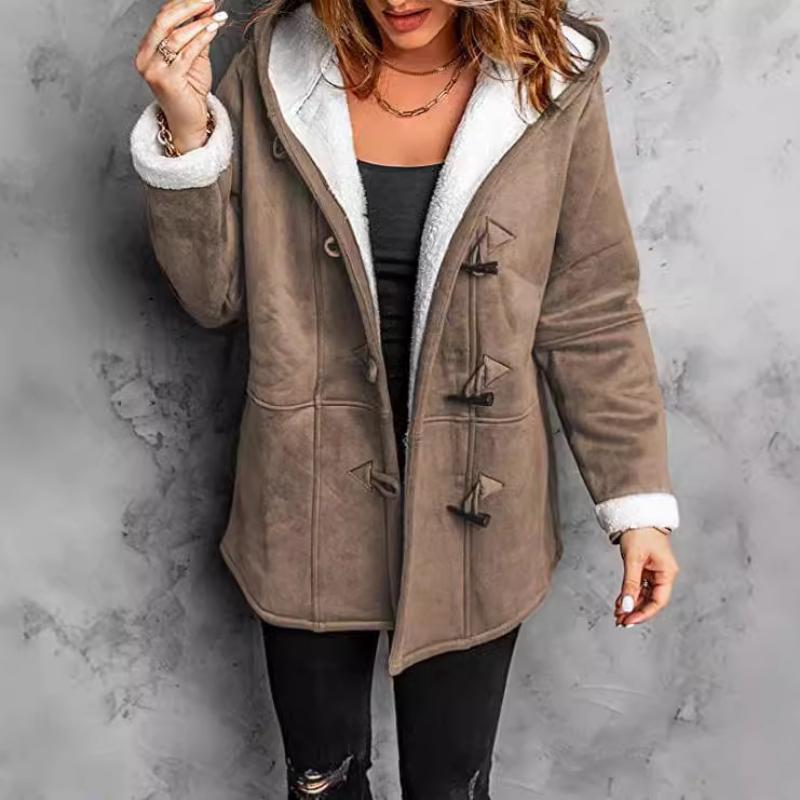 Winter Women's Mid-Length Shearling Coat, Detachable Faux Fur Collar Jacket With Pockets, Simple Pure Color Casual Buttoned Cardigan For Daily Wear