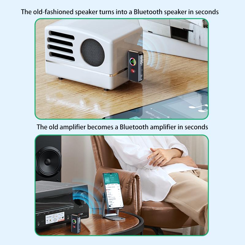 RGB Bluetooth 5.4 Audio Sender Empfänger 3,5 mm AUX Stereo Musik Drahtloser Adapter mit Mikrofon Unterstützung TF-Kartenwiedergabe für Auto TV PC