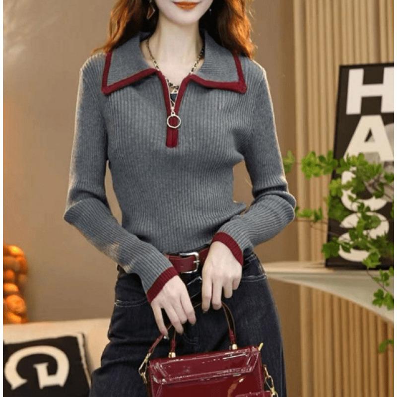 

Весенний сезон новая мода лацкан шерстяной вязаный свитер женская одежда контрастного цвета ретро тонкий базовый топ one size fits all серый