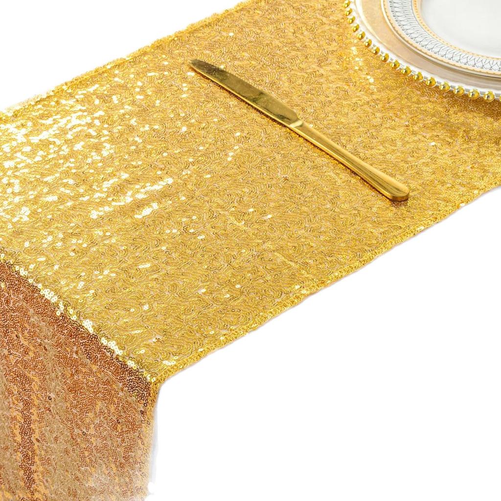 Bieżniki z cekinami Złoty bieżnik na imprezę Bieżnik z brokatem Długie obrusy na wesela Jesień