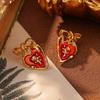 European Retro Geometric Red Metal Earrings with Pearl Flower Studs