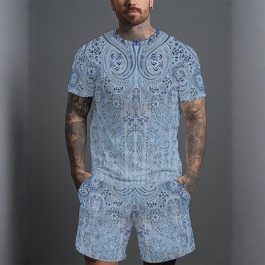 Men Vibrant Multicolor Vintage Paisley Print Short Sleeve Tee And Matching Shorts Two Piece Outfit