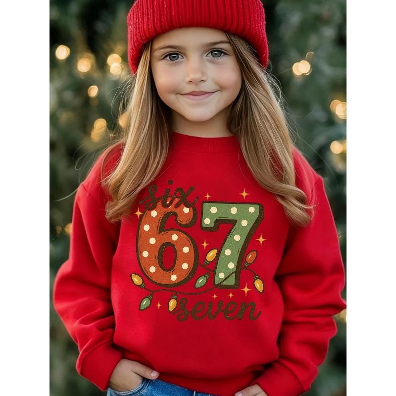 Unisex Kids Black Crewneck Sweatshirt For 4-12 Boys Girls Vintage Polka Dot Number 67 Six Seven Christmas Light Star Print Fleece Long Sleeve Pullover