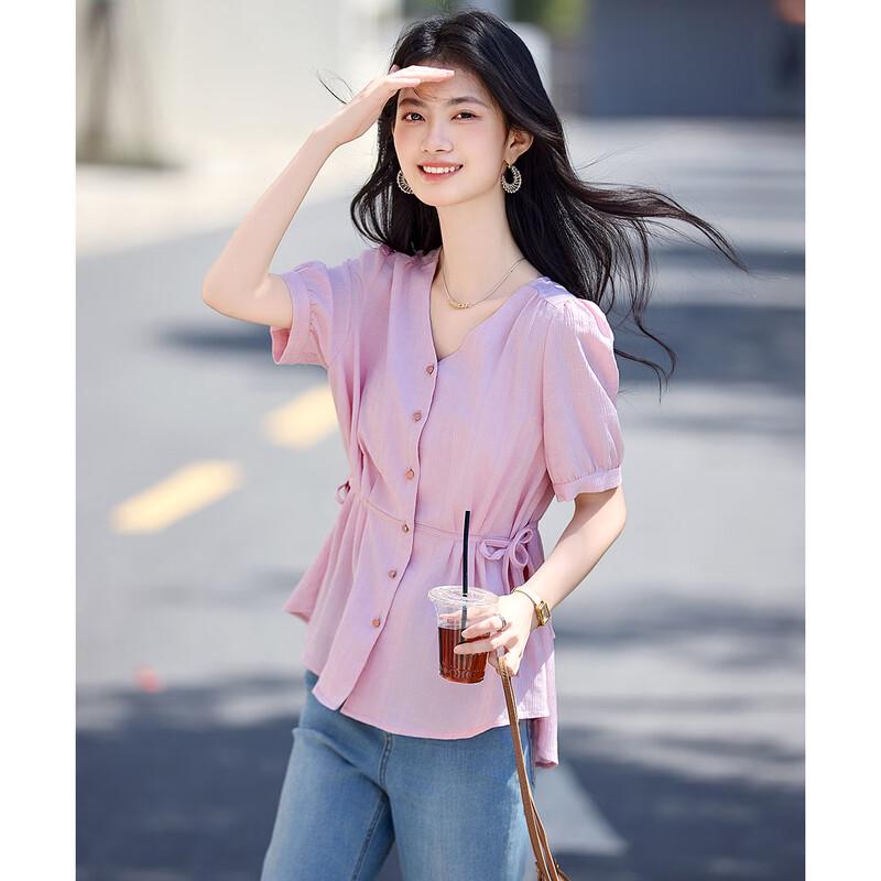 Women's V-Neck Tie-Waist Short Sleeve Blouse
