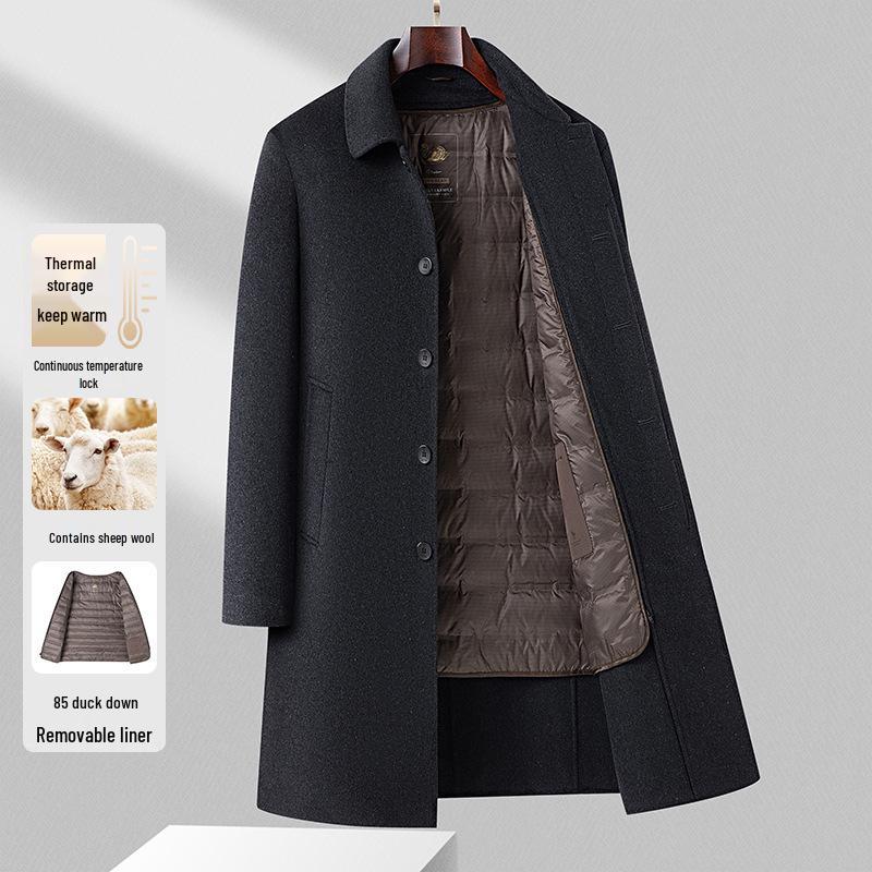 Men's Premium Double-Faced Wool Coat with Detachable Down Liner - Slim Business Windbreaker Jacket