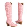 Western Women's Knee High Boots 2025 New Trends Wedge Heel Embroider Winter Shoes Ladies White Red Pink Cowboy Cowgirls Boot