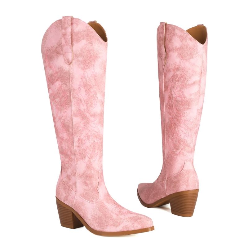 Western Women's Knee High Boots 2025 New Trends Wedge Heel Embroider Winter Shoes Ladies White Red Pink Cowboy Cowgirls Boot