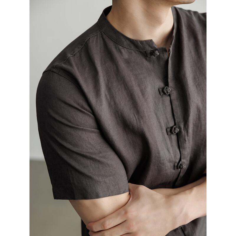 Hengyuanxiang Men's Linen Short-Sleeve Lapel Shirt