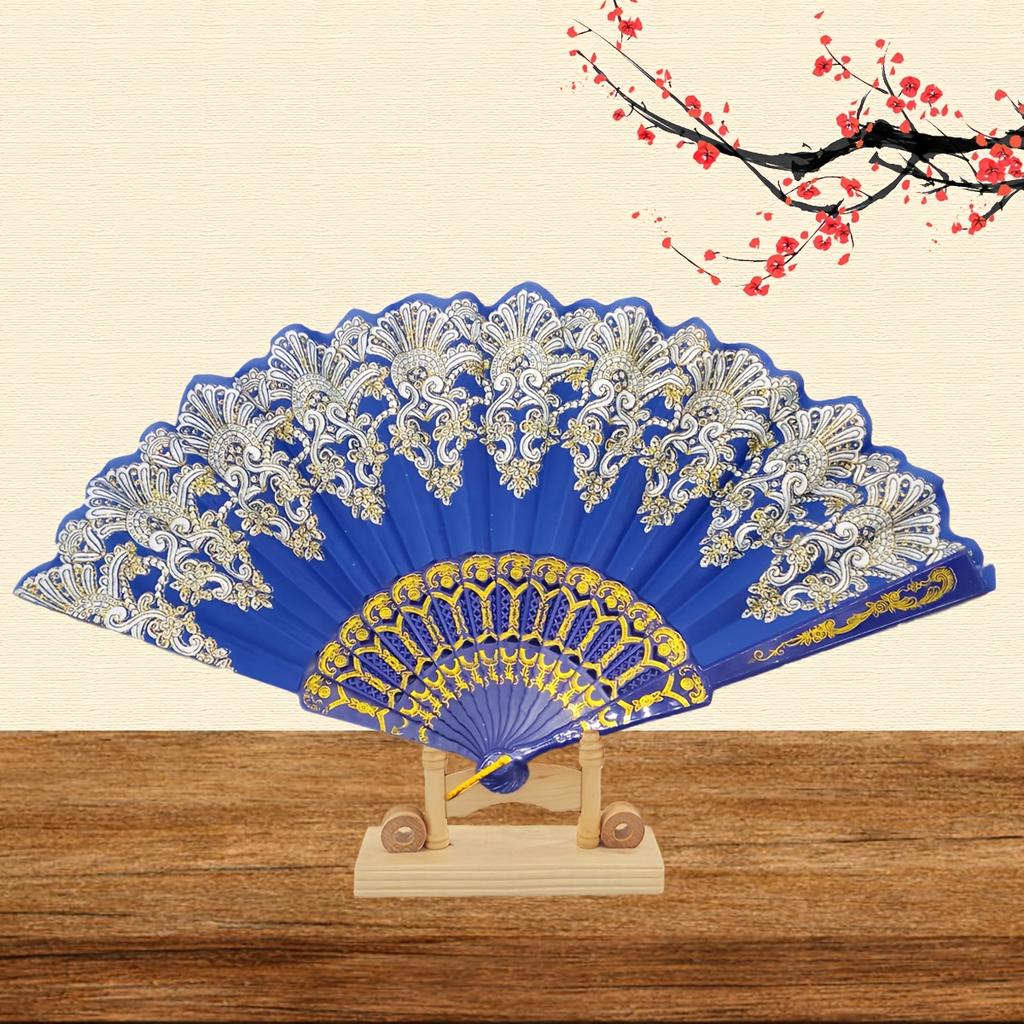 1pc Bronzing Flower Pattern Folding Fan Chinese Style Silky Fan Ancient Costume Accessories Dance Performance Props